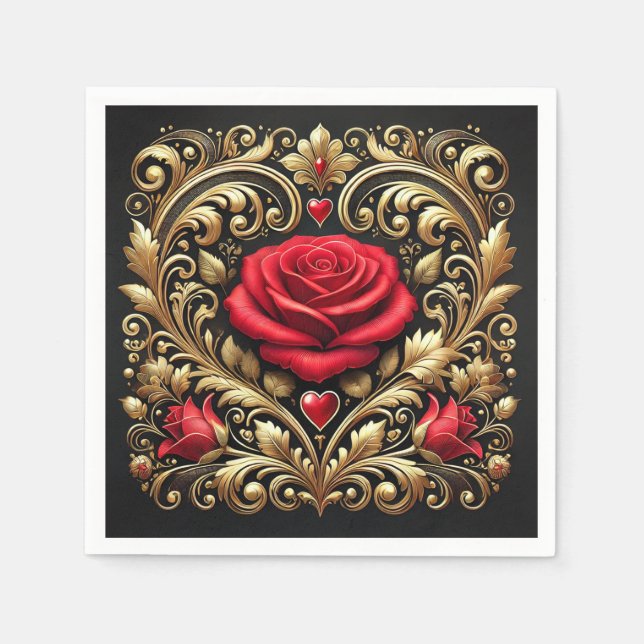 Luxurious Red Rose and Gold Heart Artwork Paper Napkin (Front)