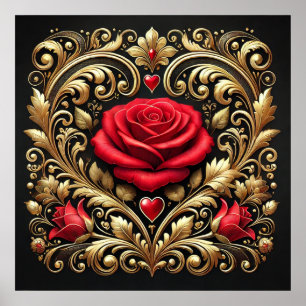  Luxurious Red Rose and Gold Heart Artwork  Poster