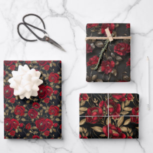 Luxurious Red Rose & Gold Leaf Pattern on Black Wrapping Paper Sheet