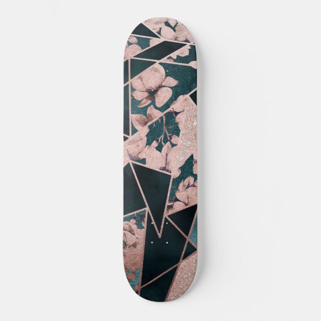 Luxurious Rose Gold Artsy Floral Geometric Pattern Skateboard (Front)