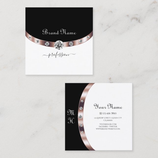 Luxurious Rose Gold Black and White with Monogram Square Business Card (Front/Back)