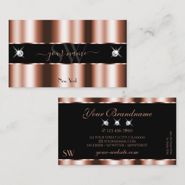 Luxurious Rose Gold Black Sparkle Jewels Initials Business Card (Front/Back)