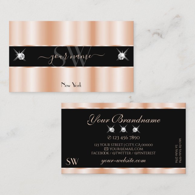 Luxurious Rose Gold Black Sparkle Jewels Initials Business Card (Front/Back)