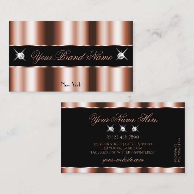 Luxurious Rose Gold Black Sparkle Jewels Luxe Glam Business Card (Front/Back)