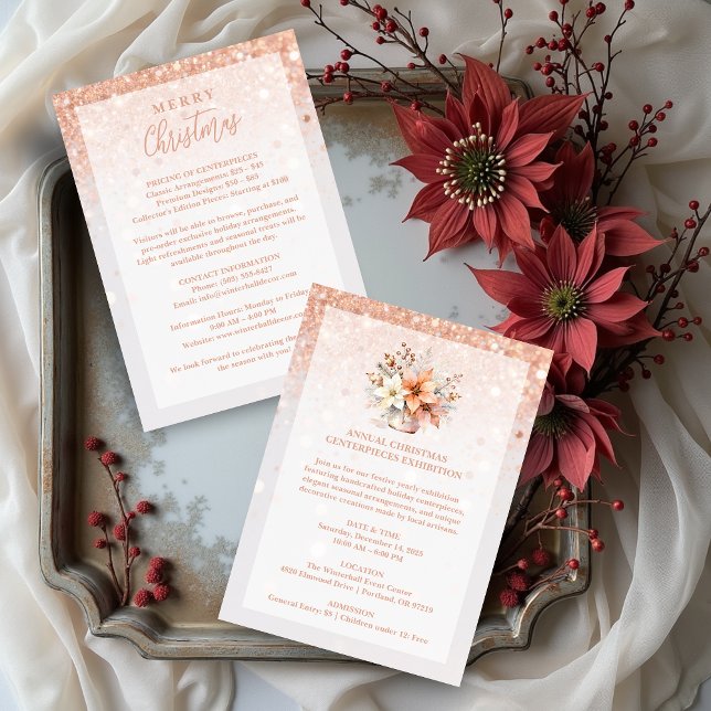 Luxurious Rose Gold Christmas Floral Exhibitions (Luxurious Rose Gold Glitter Christmas Centerpieces Exhibition Announcement Cards. )