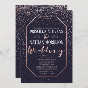 Luxurious Rose Gold Confetti Navy Blue Wedding Invitation
