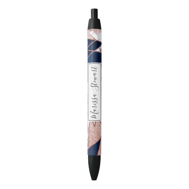 Luxurious Rose Gold Glitter Geometric Marble Black Ink Pen (Front Vertical)