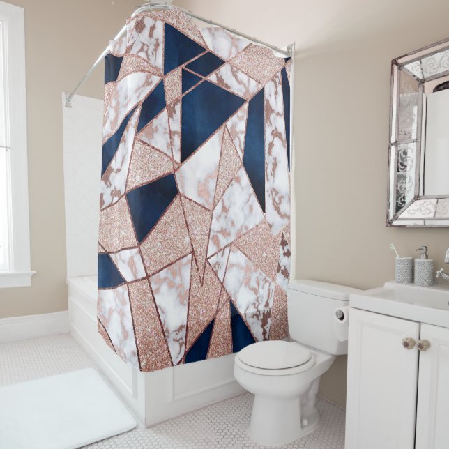 Luxurious Rose Gold Glitter Geometric Marble Shower Curtain (In Situ)