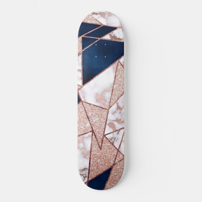 Luxurious Rose Gold Glitter Geometric Marble Skateboard (Front)