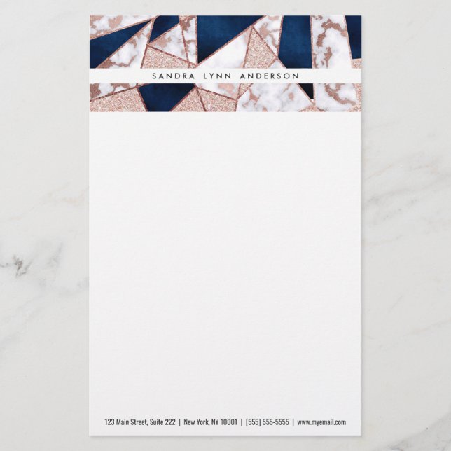 Luxurious Rose Gold Glitter Geometric Marble Stationery (Front)