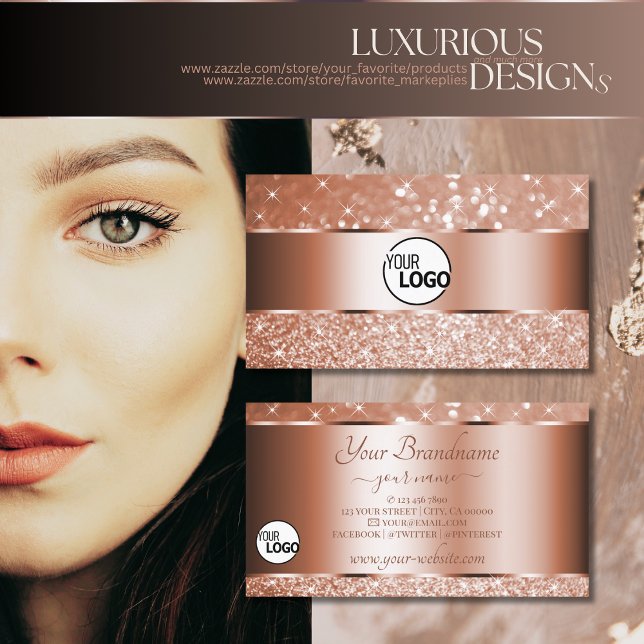 Luxurious Rose Gold Glitter Sparkle Stars and Logo Business Card (Creator Uploaded)