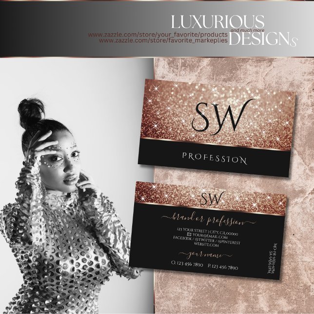 Luxurious Rose Gold Glitter Stars Black Initials Business Card (Creator Uploaded)