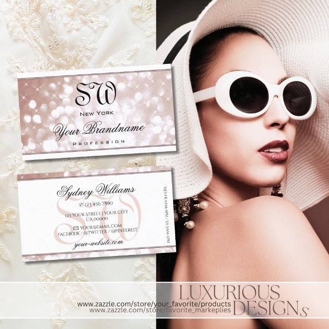 Luxurious Rose Gold Glitter Stars Monogram White Business Card (Creator Uploaded)