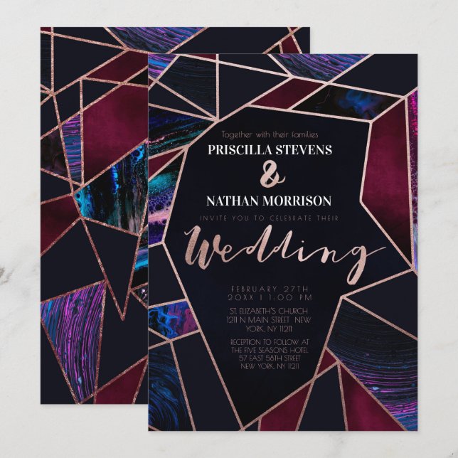 Luxurious Rose Gold Liquid Paint Marble Wedding Invitation (Front/Back)