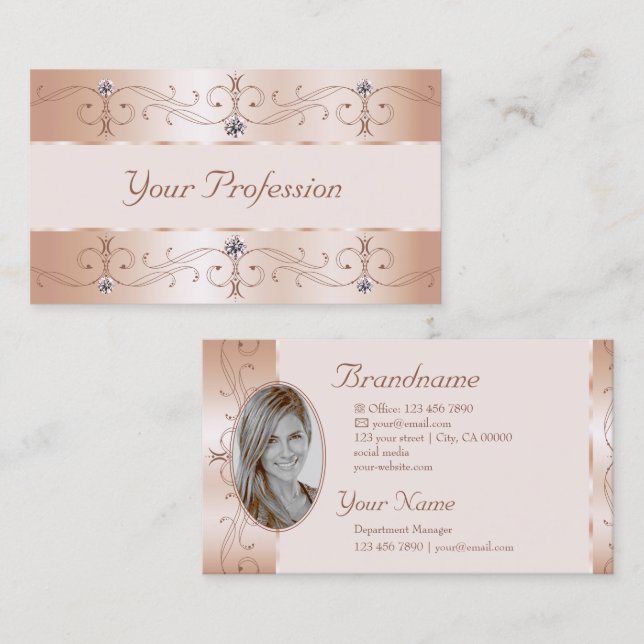 Luxurious Rose Gold Ornate Borders Jewels Add Foto Business Card (Front/Back)