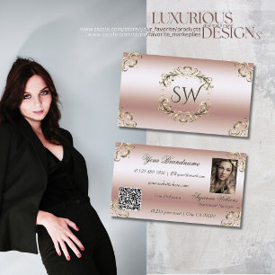 Luxurious Rose Gold Ornate Monogram Photo QR Code Business Card