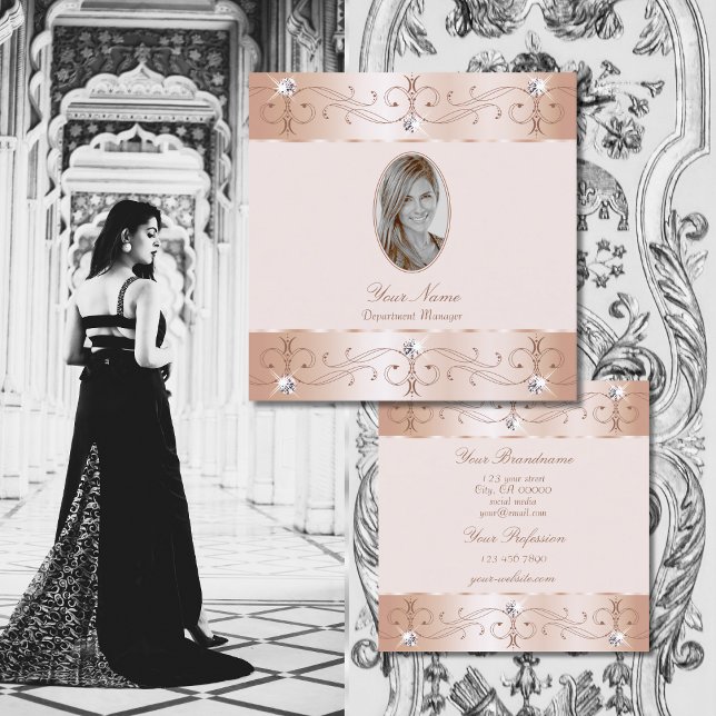 Luxurious Rose Gold Ornate Ornaments Add Foto Luxe Square Business Card (Creator Uploaded)
