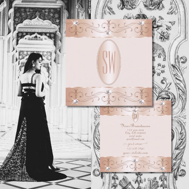 Luxurious Rose Gold Ornate Ornaments Monogram Luxe Square Business Card (Creator Uploaded)