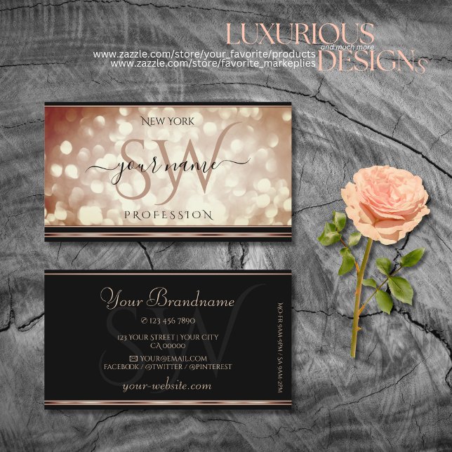 Luxurious Rose Gold Sparkle Glitter Initials Black Business Card (Creator Uploaded)