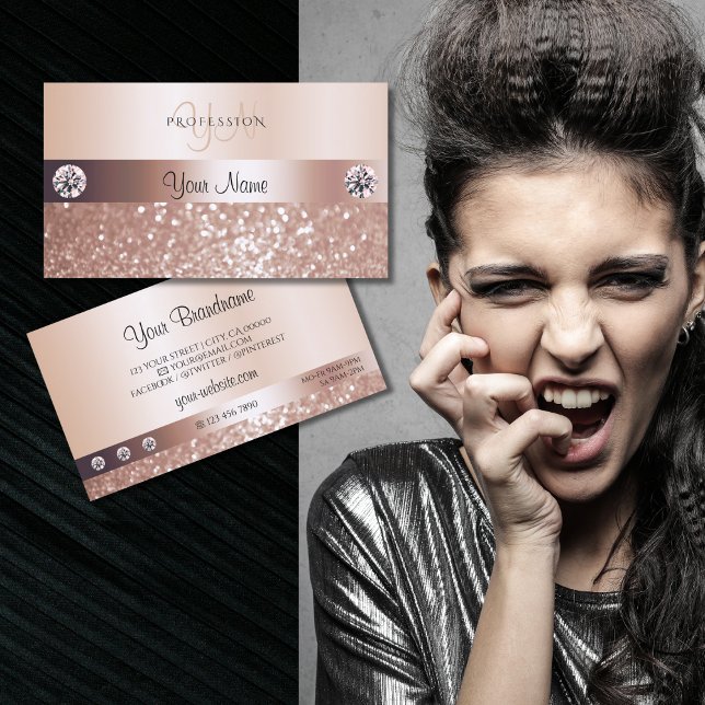 Luxurious Rose Gold Sparkling Glitter and Monogram Business Card (Creator Uploaded)