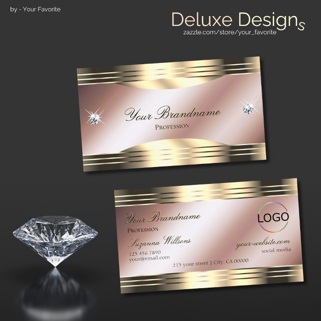 Luxurious Rose Gold with Shiny Diamonds and Logo Business Card (Creator Uploaded)