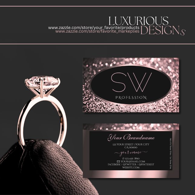 Luxurious Rose Pink Black Sparkle Glitter Monogram Business Card (Creator Uploaded)