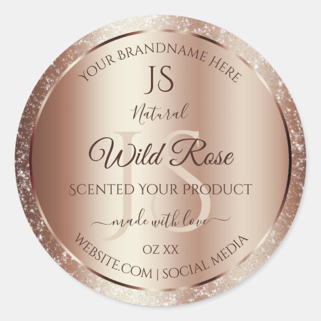 Luxurious Rosegold Glitter Monogram Product Labels (Front)