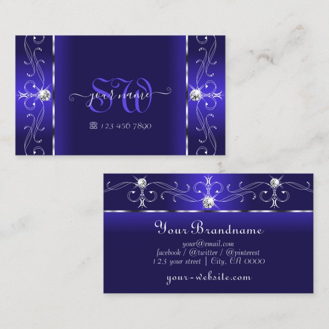 Luxurious Royal Blue Squiggled Jewels and Monogram Business Card (Front/Back)