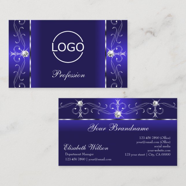 Luxurious Royal Blue Squiggled Jewels with Logo Business Card (Front/Back)