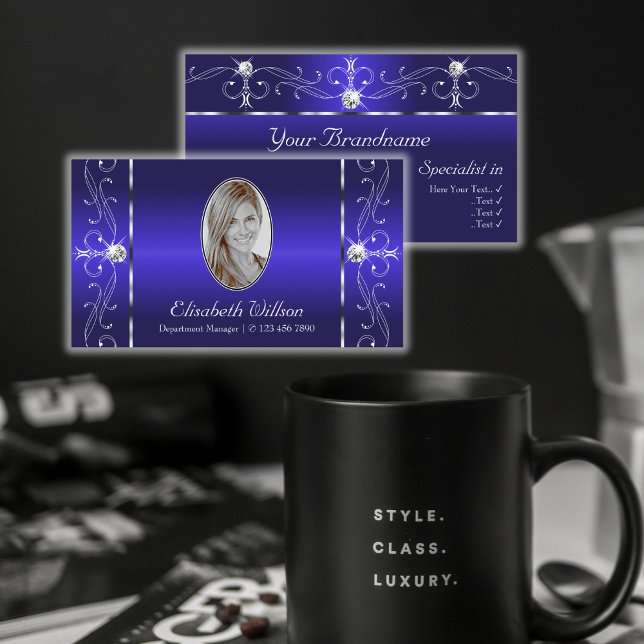 Luxurious Royal Blue Squiggled Jewels with Photo Business Card (Creator Uploaded)