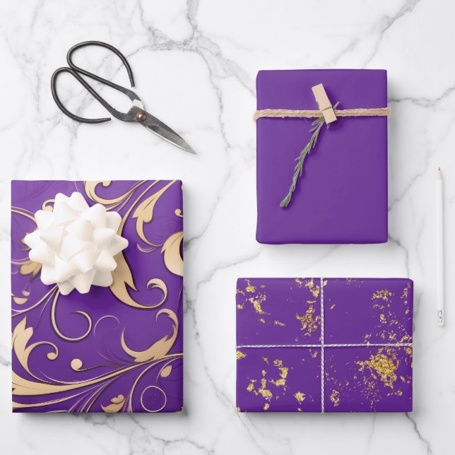 Luxurious Royal Purple and Gold Damask Patterned Wrapping Paper Sheet (Front)