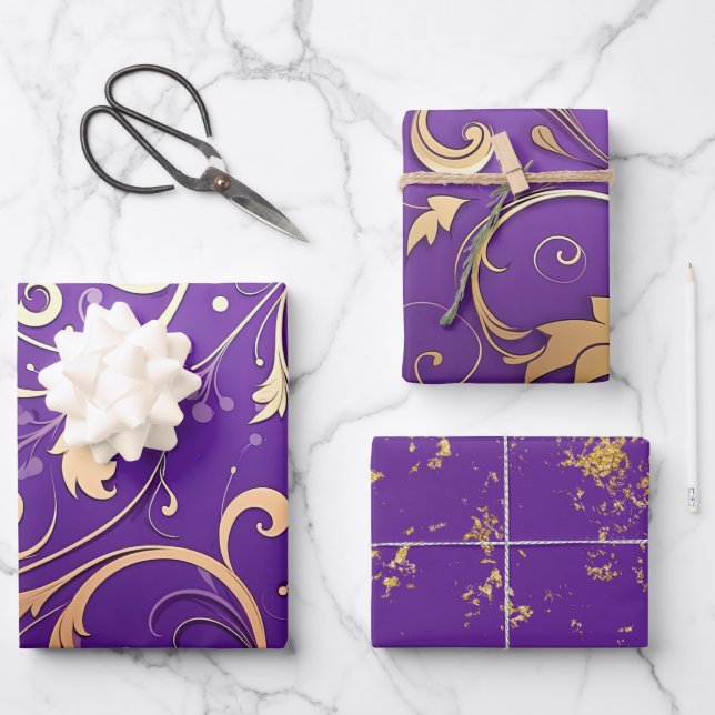 Luxurious Royal Purple and Gold Damask Patterned Wrapping Paper Sheet (Front)