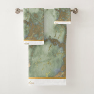 LUXURIOUS SAGE GREEN MARBLE TRIM TOWEL SET
