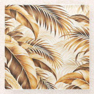 Luxurious Sepia Beige Tropical Palm Foliage Patter Glass Coaster