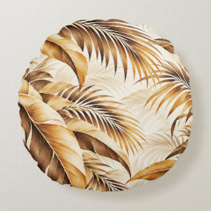 Luxurious Sepia Beige Tropical Palm Foliage Patter Round Cushion