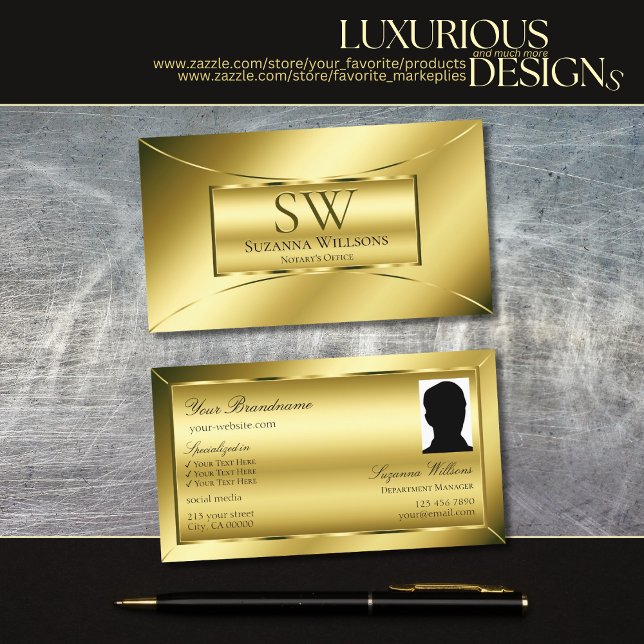 Luxurious Shimmery Gold with Monogram and Photo Business Card (Creator Uploaded)
