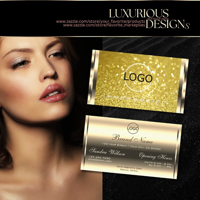 Luxurious Shimmery Golden Yellow Glitter and Logo Business Card (Creator Uploaded)