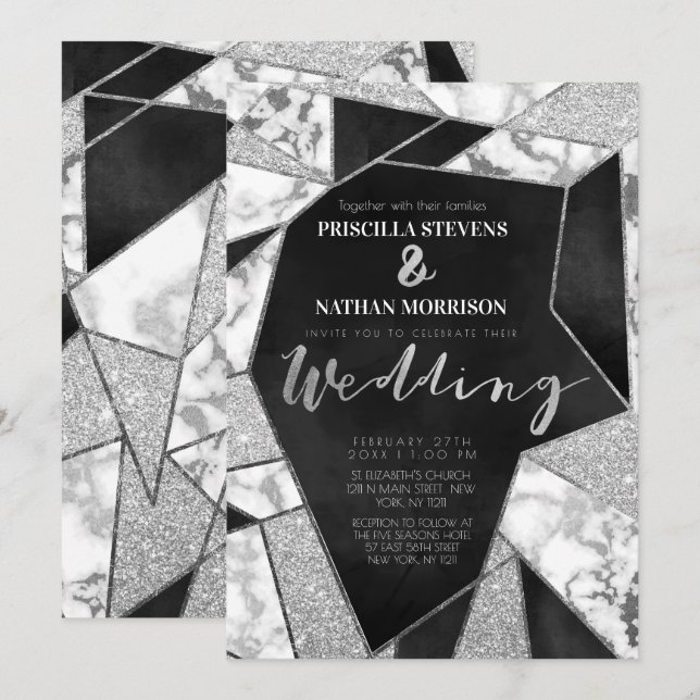 Luxurious Silver Black Glitter Geo Marble Wedding Invitation (Front/Back)