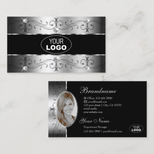 Luxurious Silver Black Ornate Borders Logo & Photo Business Card