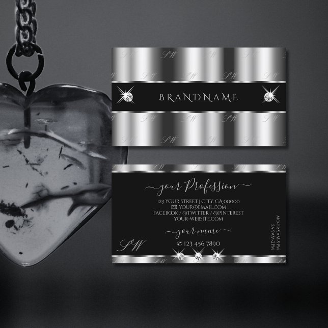 Luxurious Silver Black Sparkling Jewels Monogram Business Card (Creator Uploaded)
