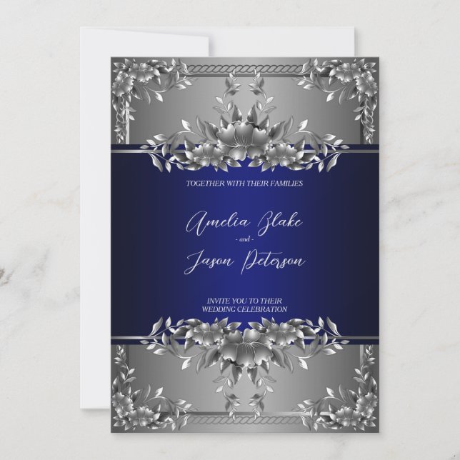 Luxurious Silver Carving Floral Wedding Invitation (Front)