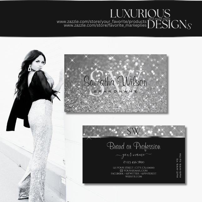 Luxurious Silver Glitter Luminous Stars Initials Business Card (Creator Uploaded)