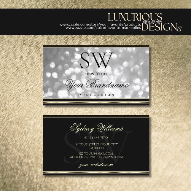 Luxurious Silver Glitter Monogram Black and Golden Business Card (Creator Uploaded)