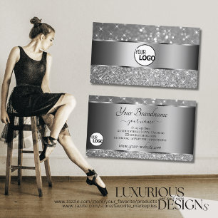 Luxurious Silver Glitter Sparkle Stars Logo Modern Business Card