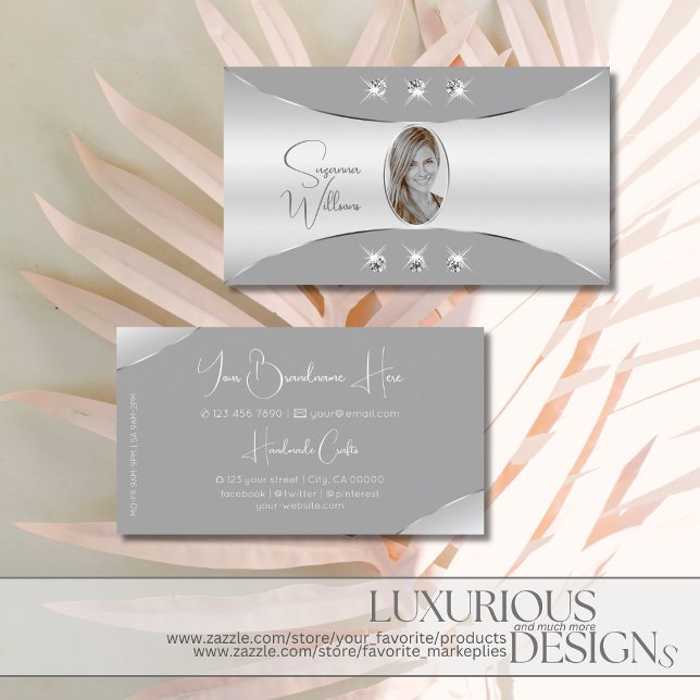 Luxurious Silver Grey with Diamonds and Photo Luxe Business Card (Creator Uploaded)