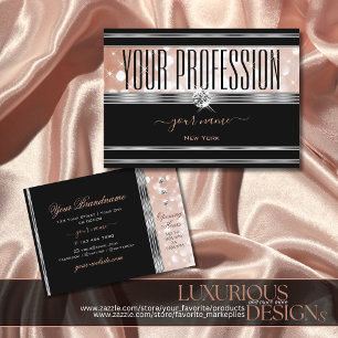 Luxurious Silver Rose Gold Glitter Diamonds Black Business Card