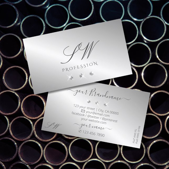 Luxurious Silver Sparkle Diamonds Initials Elegant Business Card (Creator Uploaded)