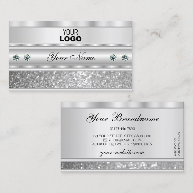 Luxurious Silver Sparkling Glitter Add Logo Modern Business Card (Front/Back)