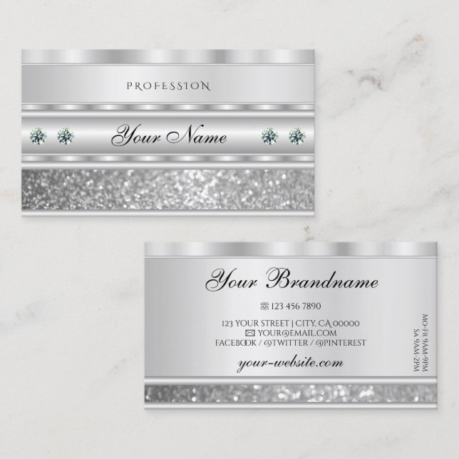 Luxurious Silver Sparkling Glitter with Diamonds Business Card (Front/Back)