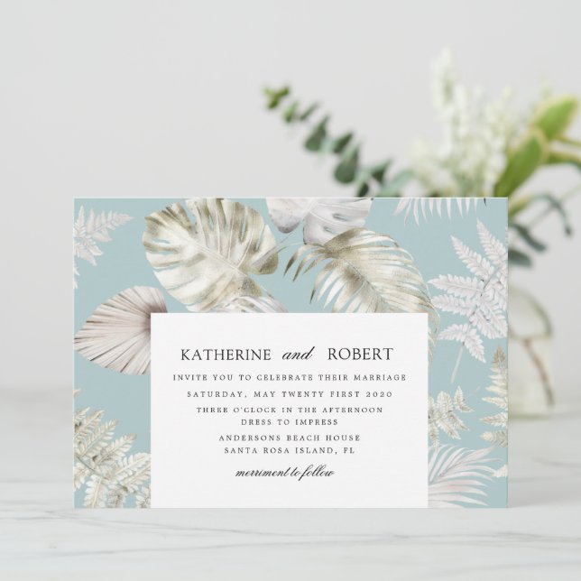 Luxurious Silver Tropical Foliage Wedding Invitation (Standing Front)